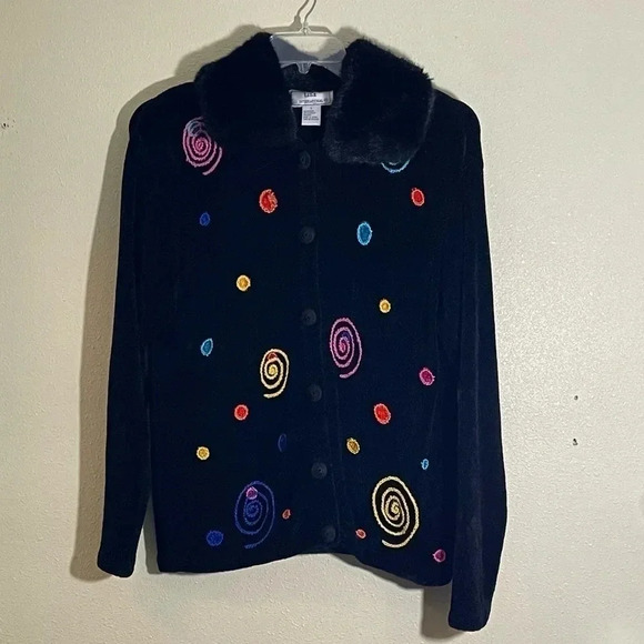 Lisa International Sweater L Black Colorful Swirls Removable Collar Button FLAW - Picture 1 of 13